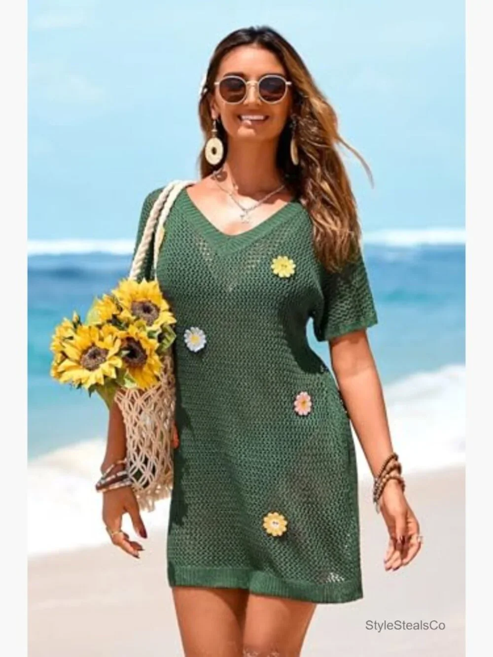 V Neck Short Sleeve Crochet Beach Dress Coverup